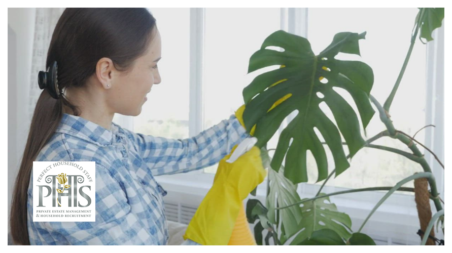 Private housekeeper caring for house plants during daily housekeeper job Oxshott duties