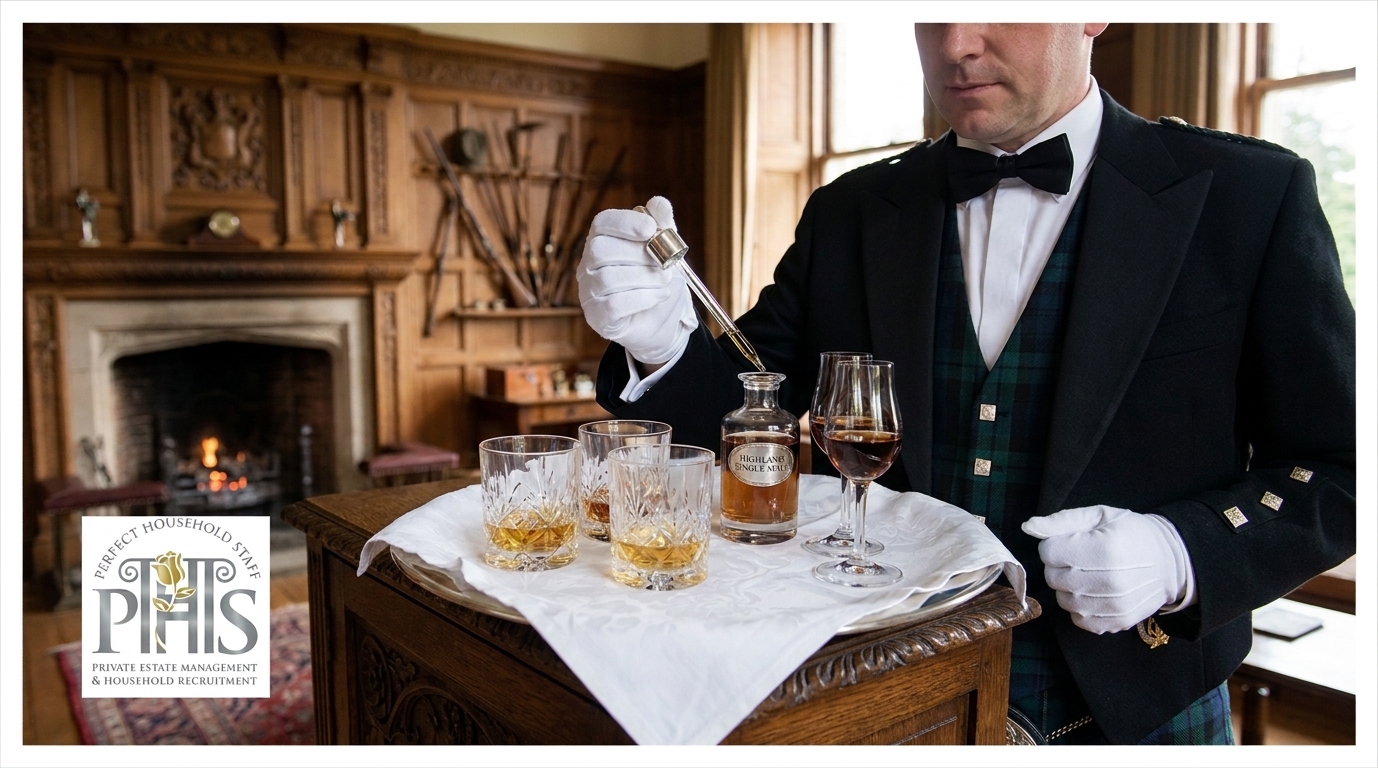 Professional butler providing refined household service in an elegant Scottish country estate through Butler Agency Scotland