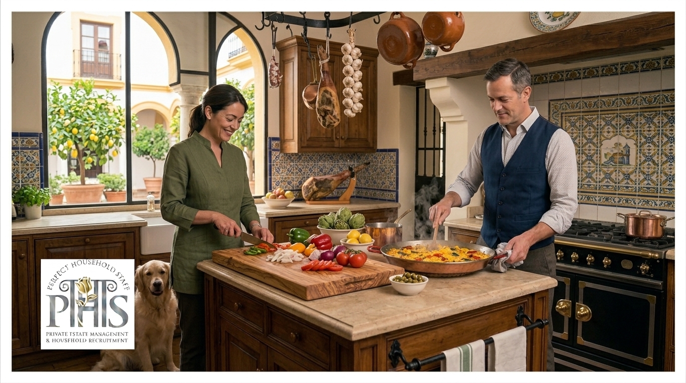 Experienced domestic couple from domestic couple agency Spain providing discreet household support in a luxury Spanish residence