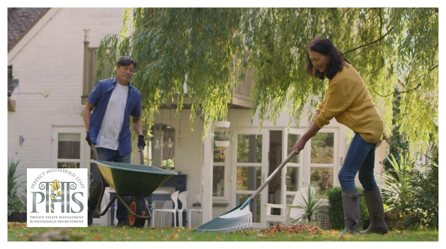 Professional domestic couple managing housekeeping and garden duties in a luxury household via domestic couple agency Baughurst