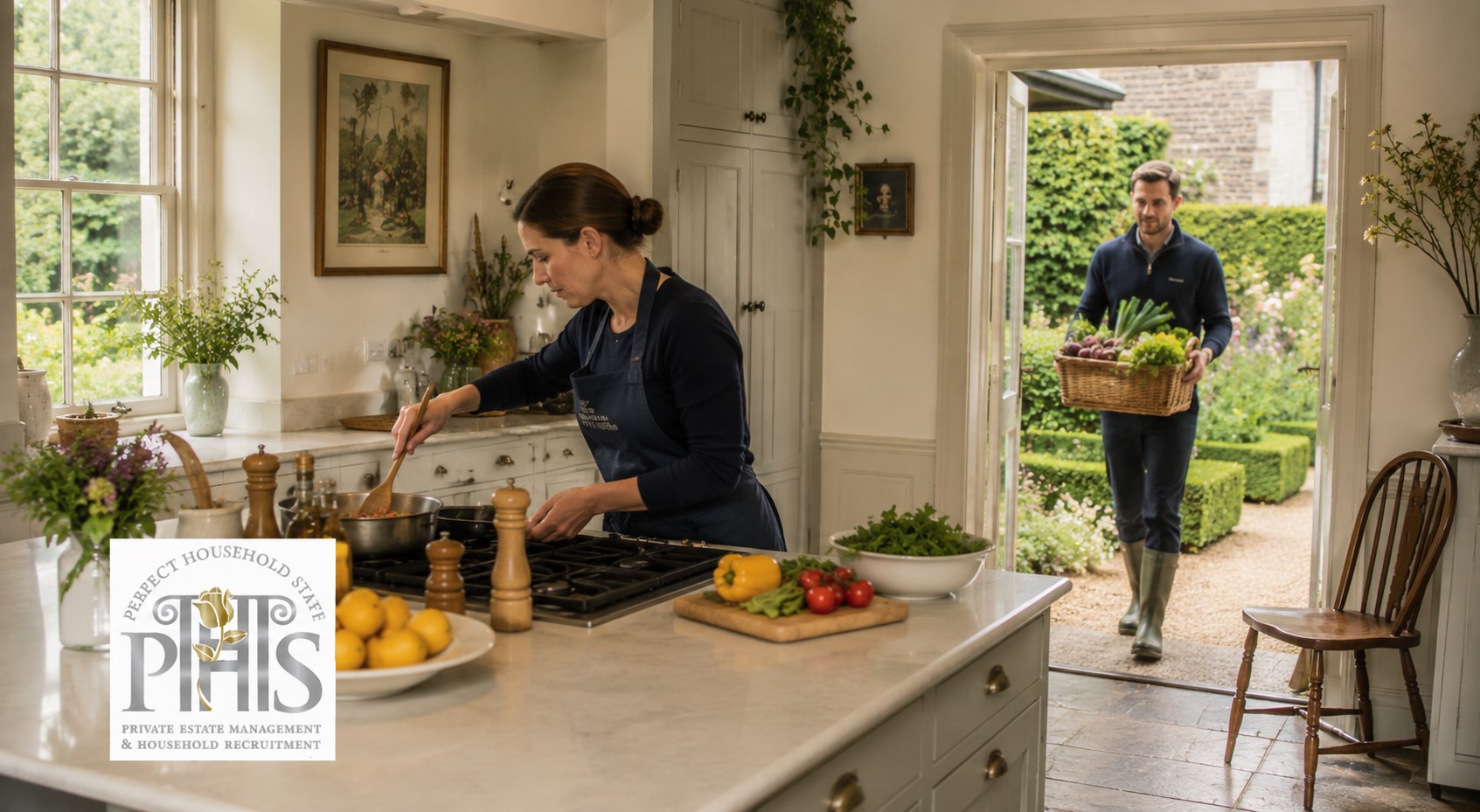 Domestic couple from Domestic Couple agency Shamley Green preparing fresh meals and managing kitchen duties 