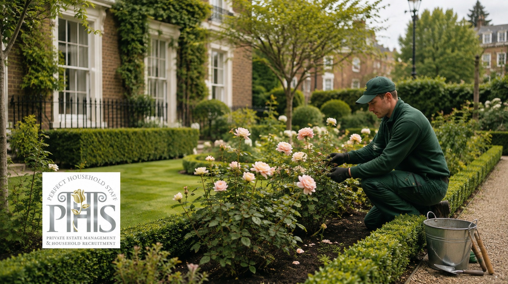 Skilled gardener caring for a beautifully landscaped garden outside a prestigious London home, representing gardener jobs London.