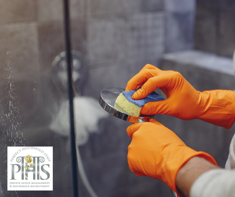 Professional cleaning staff performing limescale removal in a bathroom, leaving surfaces sparkling and hygienic.