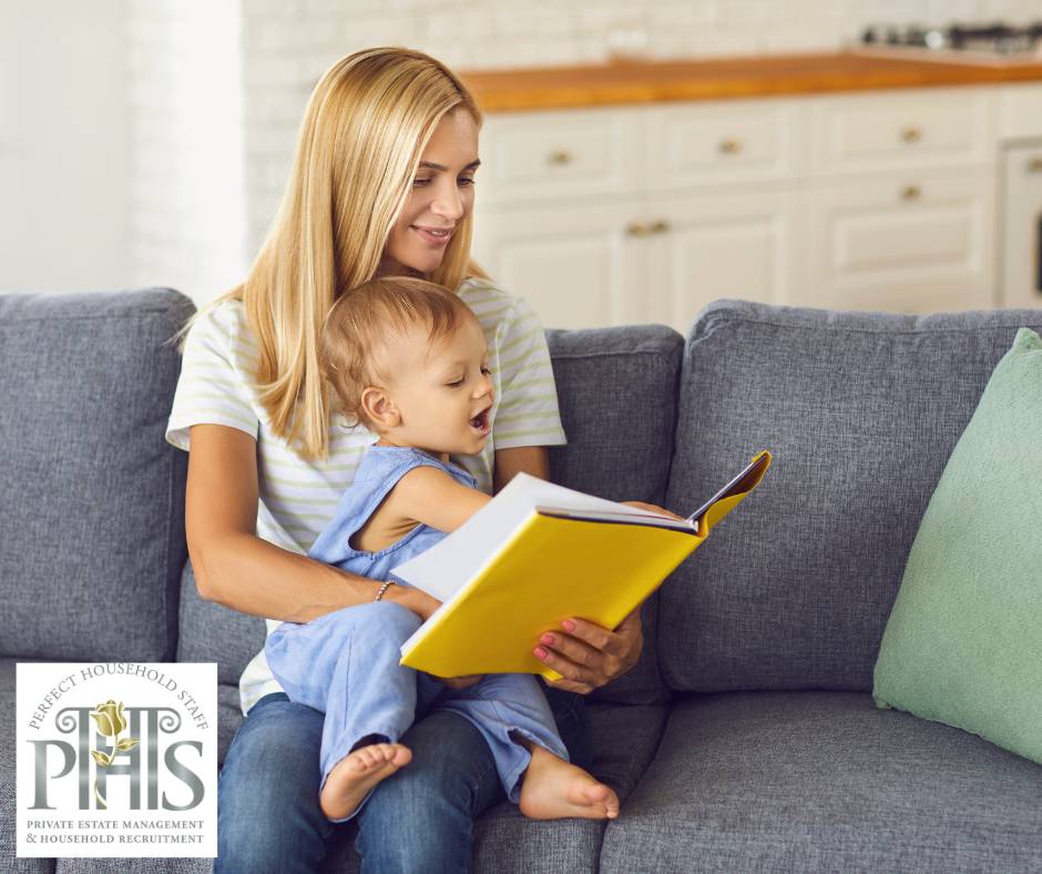 Professional nanny reading with child, demonstrating nanny description of duties and attentive childcare