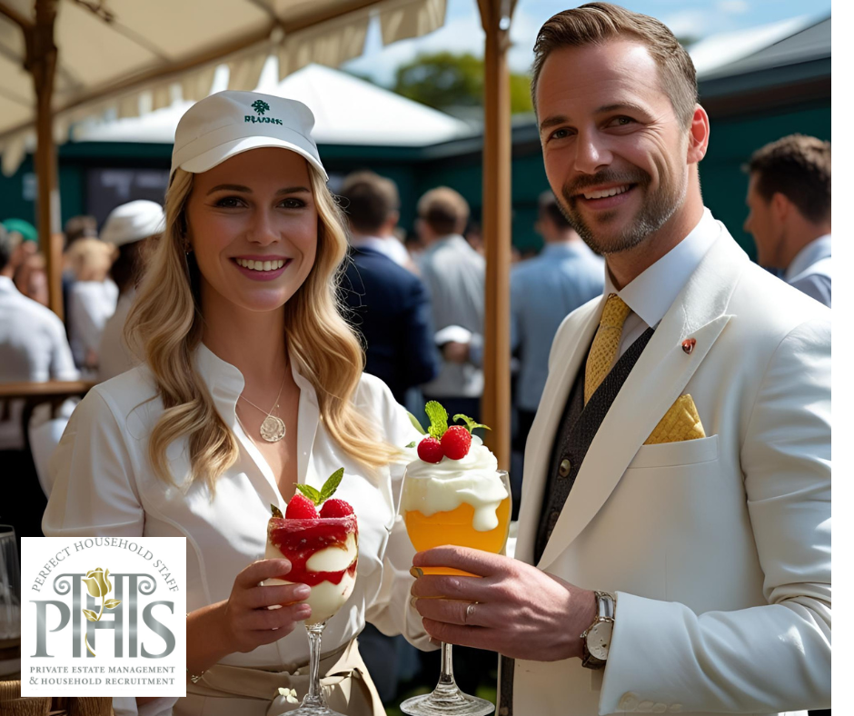 Refreshing batch-prepared drinks including Pimm’s and lemonade served in pitchers with fresh fruit, ready for guests at Wimbledon events.