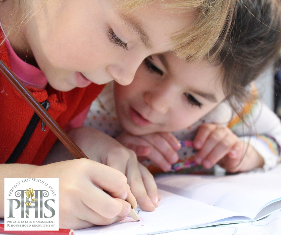 Children learning to write letters – find a nanny before September to support early learning and school readiness