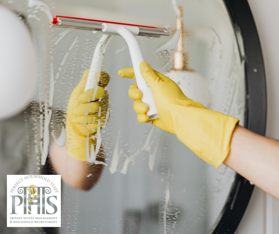 Professional housekeeper demonstrating glass cleaning tips to achieve streak-free windows;