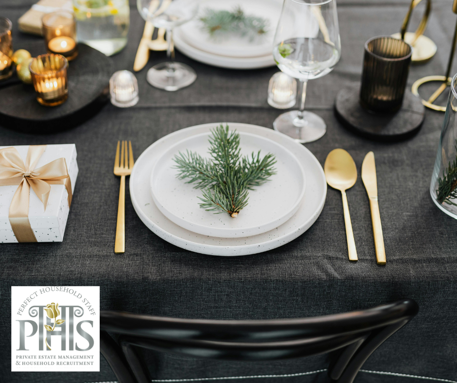 Festive dining table set for Christmas after thorough cleaning before Christmas, ready for guests in a well-prepared home. 