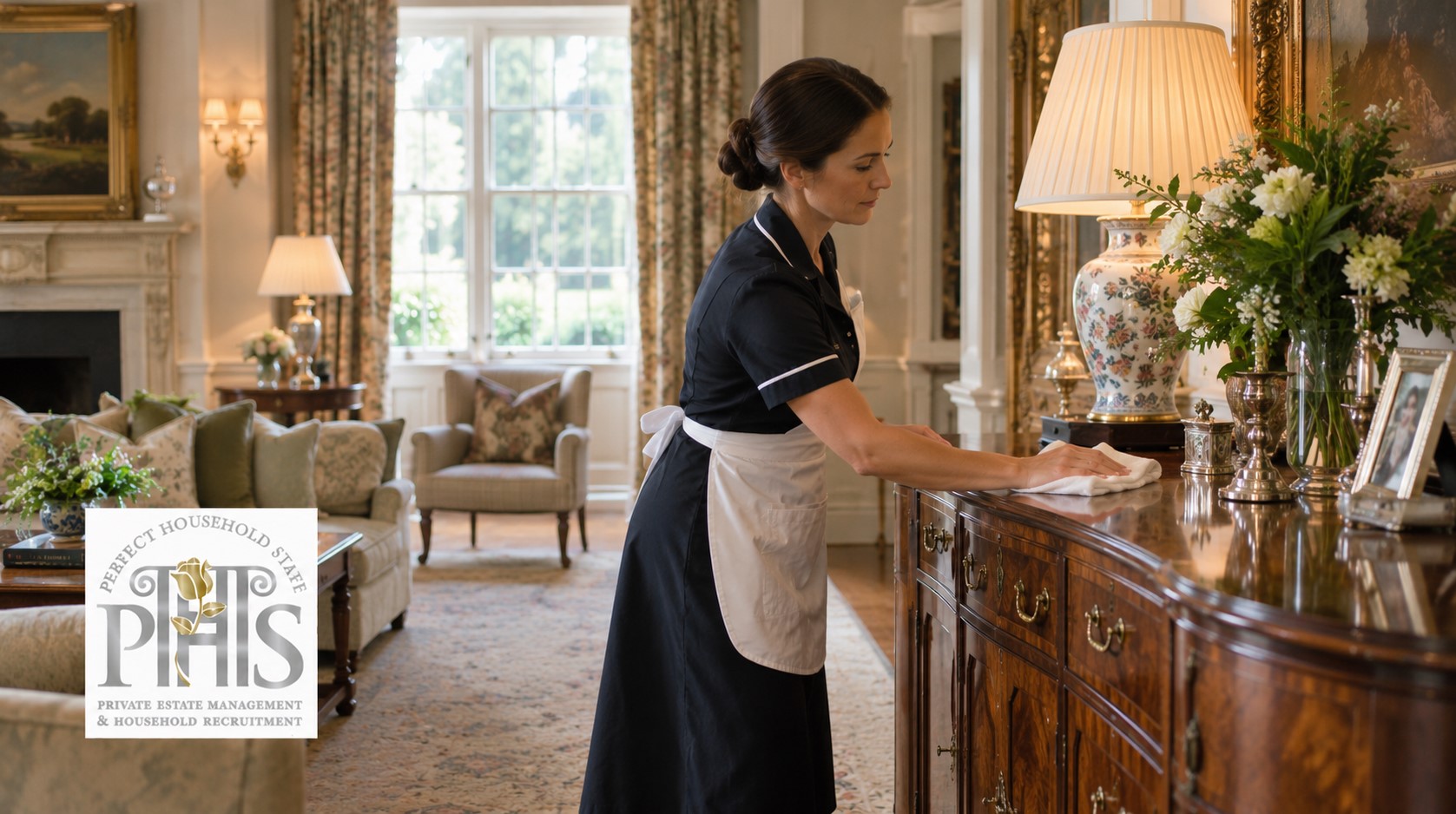 Professional housekeeper from private housekeeper agency Chesham carefully polishing elegant furnishings