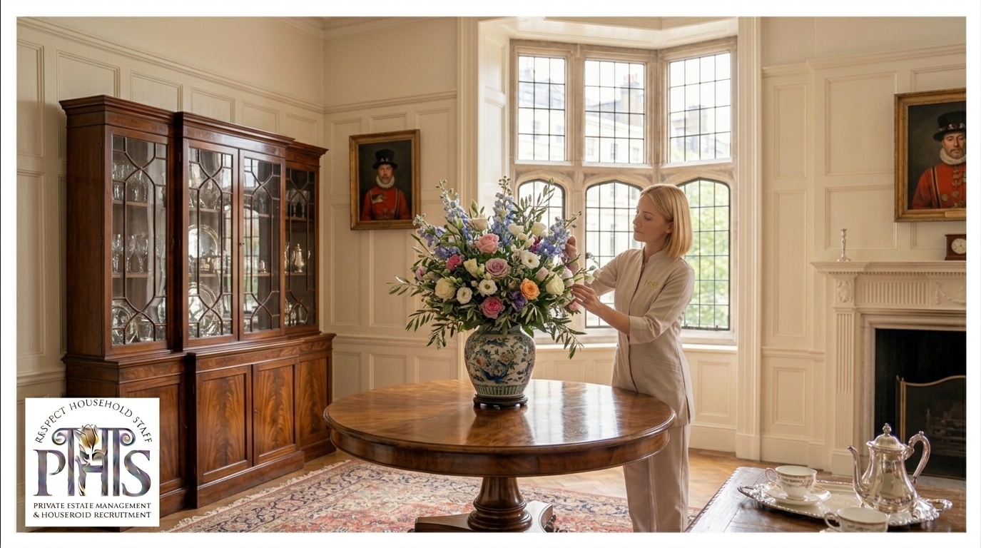 Housekeeper arranging fresh flowers in an elegant household through a specialist housekeeper agency Chiddingfold