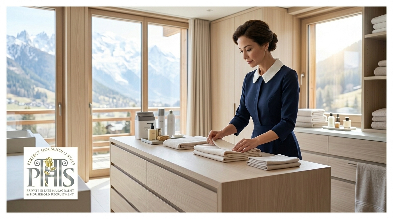 Professional housekeeper maintaining an elegant private residence while exploring housekeeper jobs Haute Savoie