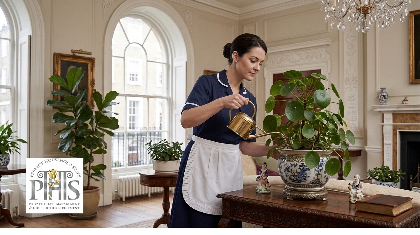 Professional housekeeper cleaning an elegant living room while exploring housekeeper jobs Styal